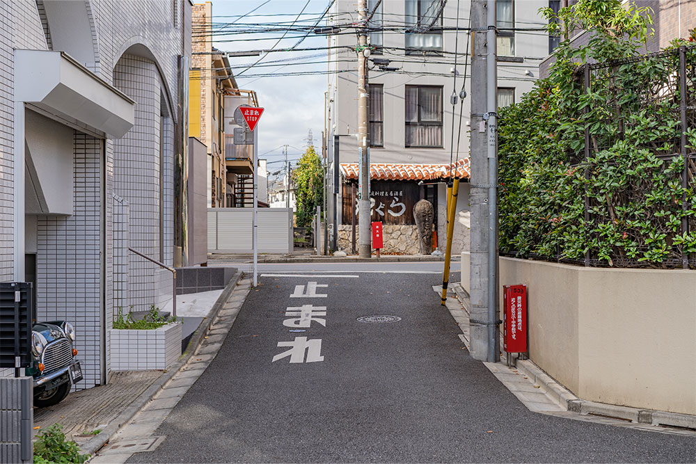 ガレージ入口は大泉学園通りから路地を入った位置