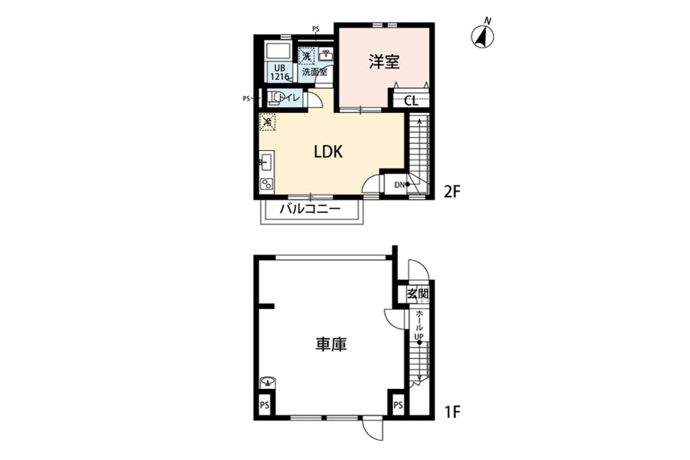 101/102号室の間取図（102は反転）