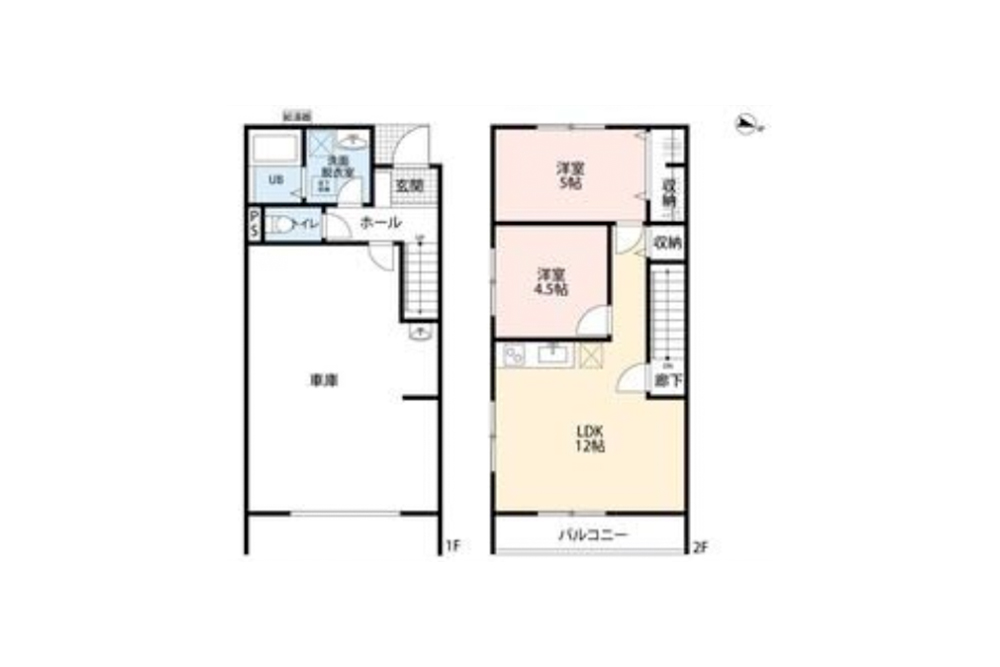 101/105号室の間取図（105号室は反転タイプ）